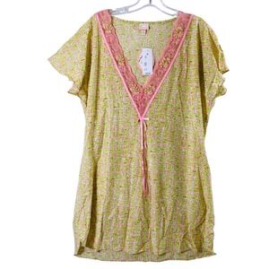 Womens Medium V Neck Gown Sleepwear Green Pink Lace Beads Sequin Trim Loungewear